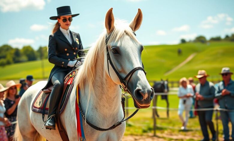 cremello horse in a horse show