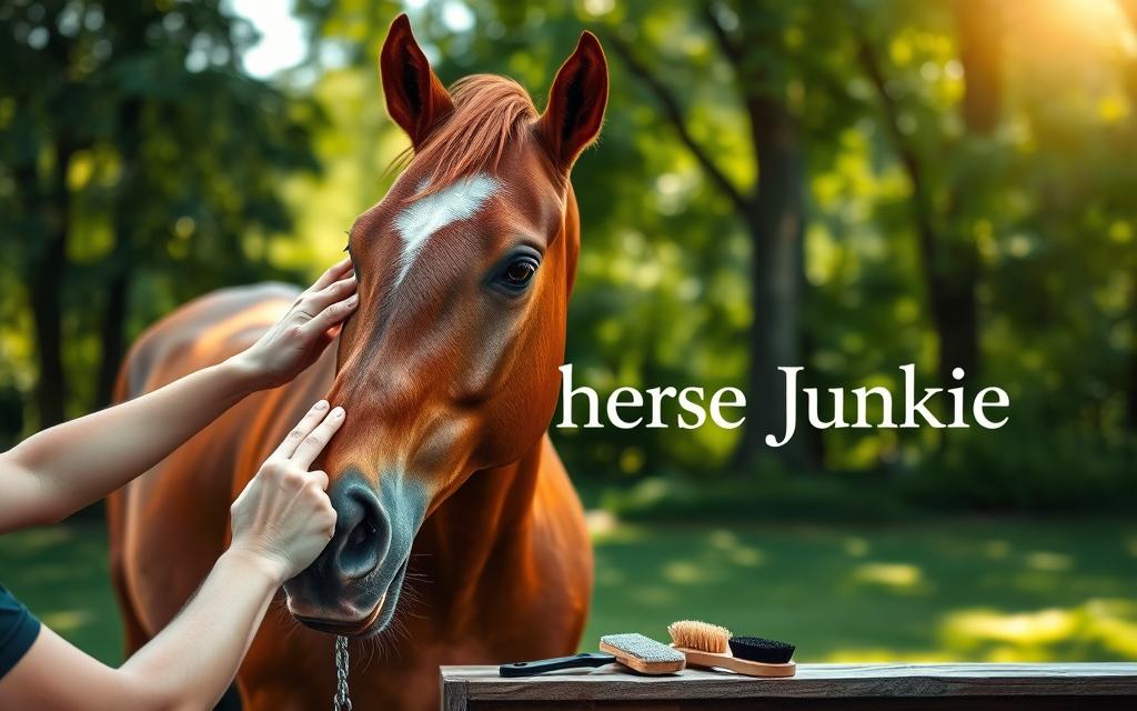 grooming chestnut horses